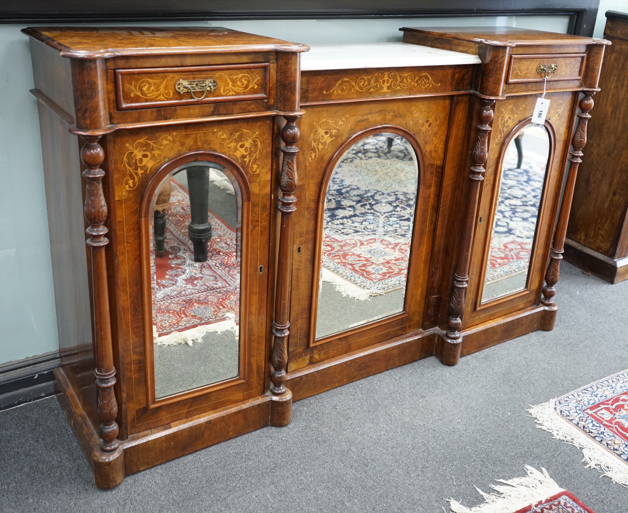 A Victorian inlaid walnut chiffonier with part white marble top, length 154cm, depth 40cm, height 94cm